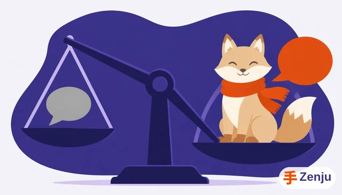 Ilustración de una balanza con un zorro asistente de IA del lado más pesado
