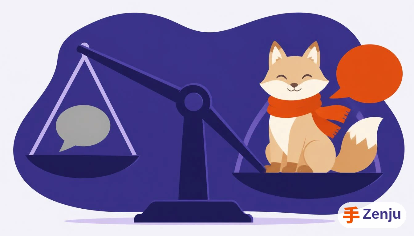 Ilustración de una balanza con una burbuja de chat simple de un lado y un zorro asistente de IA sonriente del otro lado, más pesado