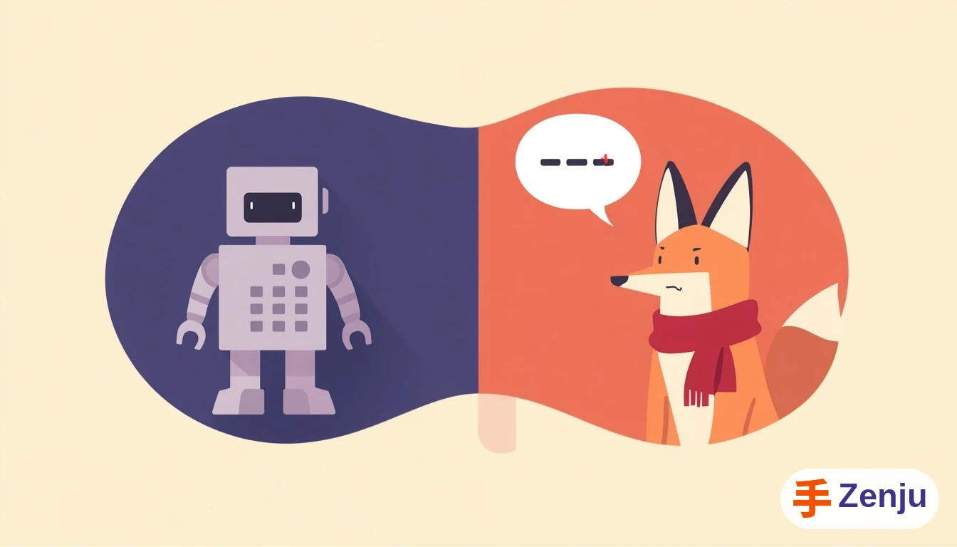 Comparación ilustrada entre un robot de menú fijo y un zorro asistente de IA, representando la diferencia entre un chatbot tradicional y uno con inteligencia artificial