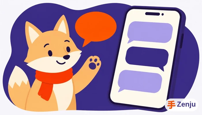 Ilustración de un zorro asistente conversando junto a un teléfono con chat de WhatsApp
