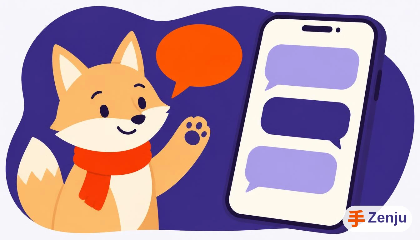 Ilustración de un zorro asistente conversando junto a un teléfono con chat de WhatsApp, representando un chatbot de IA