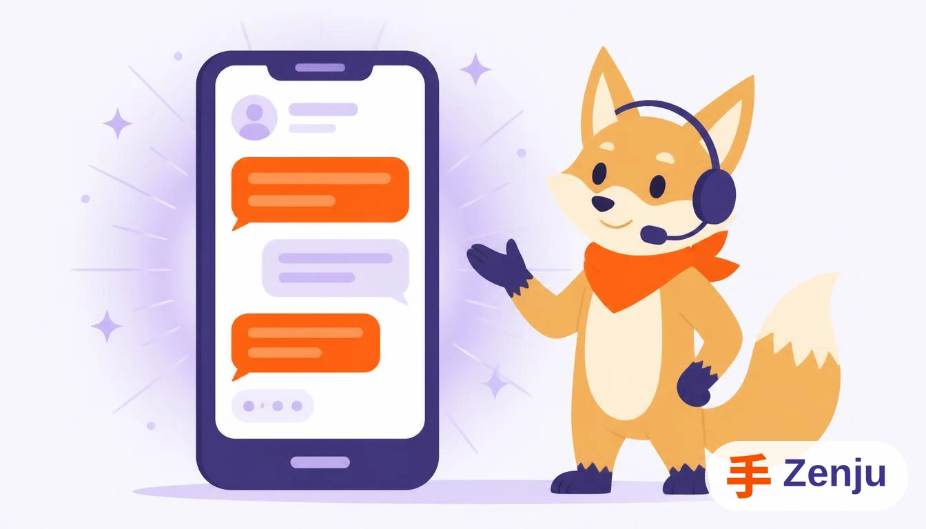 Pantalla de WhatsApp con conversación automatizada y el zorro con audífonos gestionando chats