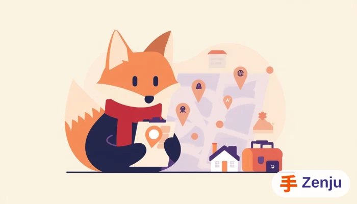 Fox character scheduling site visits on a calendar app with pins on a city map