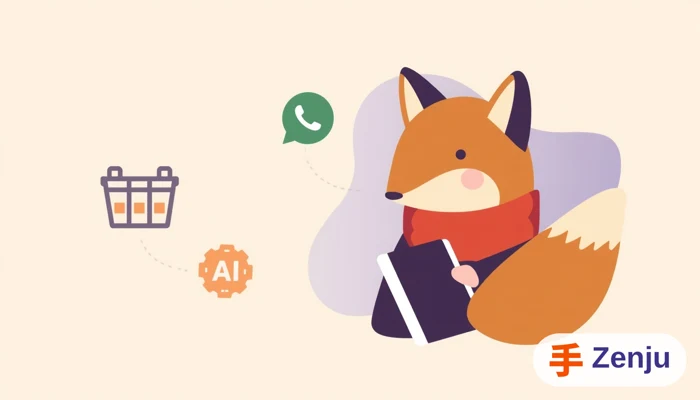 Ícono de tienda en línea conectado por líneas a un ícono de WhatsApp y un ícono de robot/IA