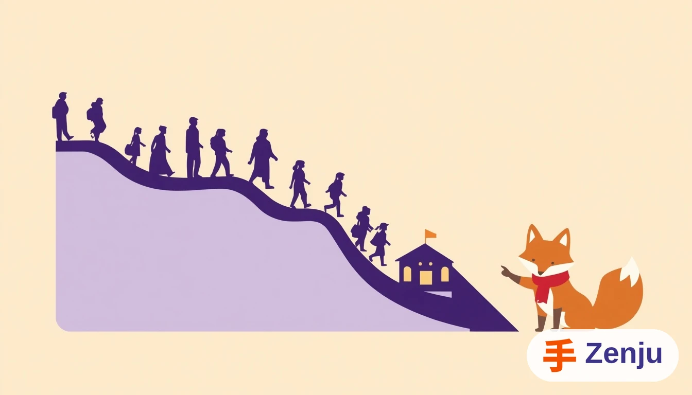 Gráfica descendente con siluetas de familias alejándose de un colegio