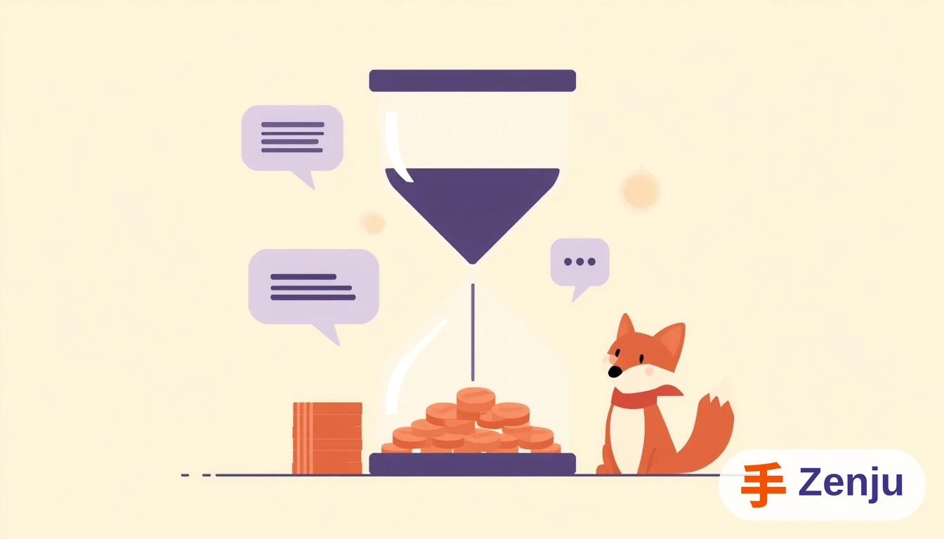 Ilustración de un reloj y una conversación de WhatsApp con monedas que se escapan con cada minuto que pasa sin responder