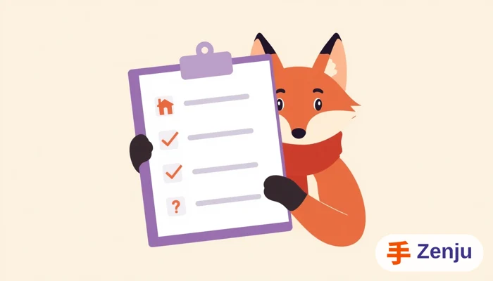 Ilustración de un checklist de requisitos para contratar un agente de IA inmobiliario con iconos de propiedades y WhatsApp