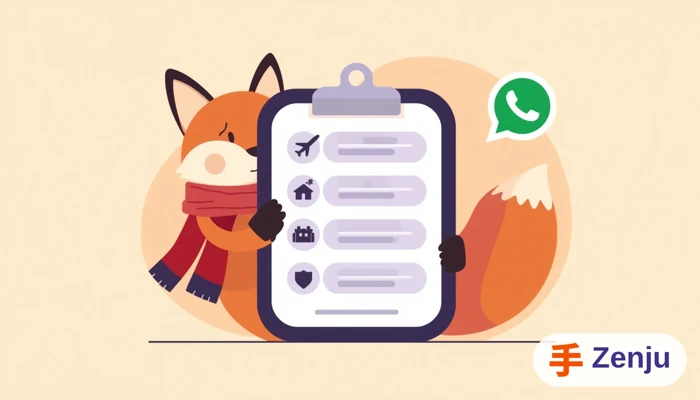 Dueño de agencia de viajes revisando checklist de funciones de agente de IA para WhatsApp