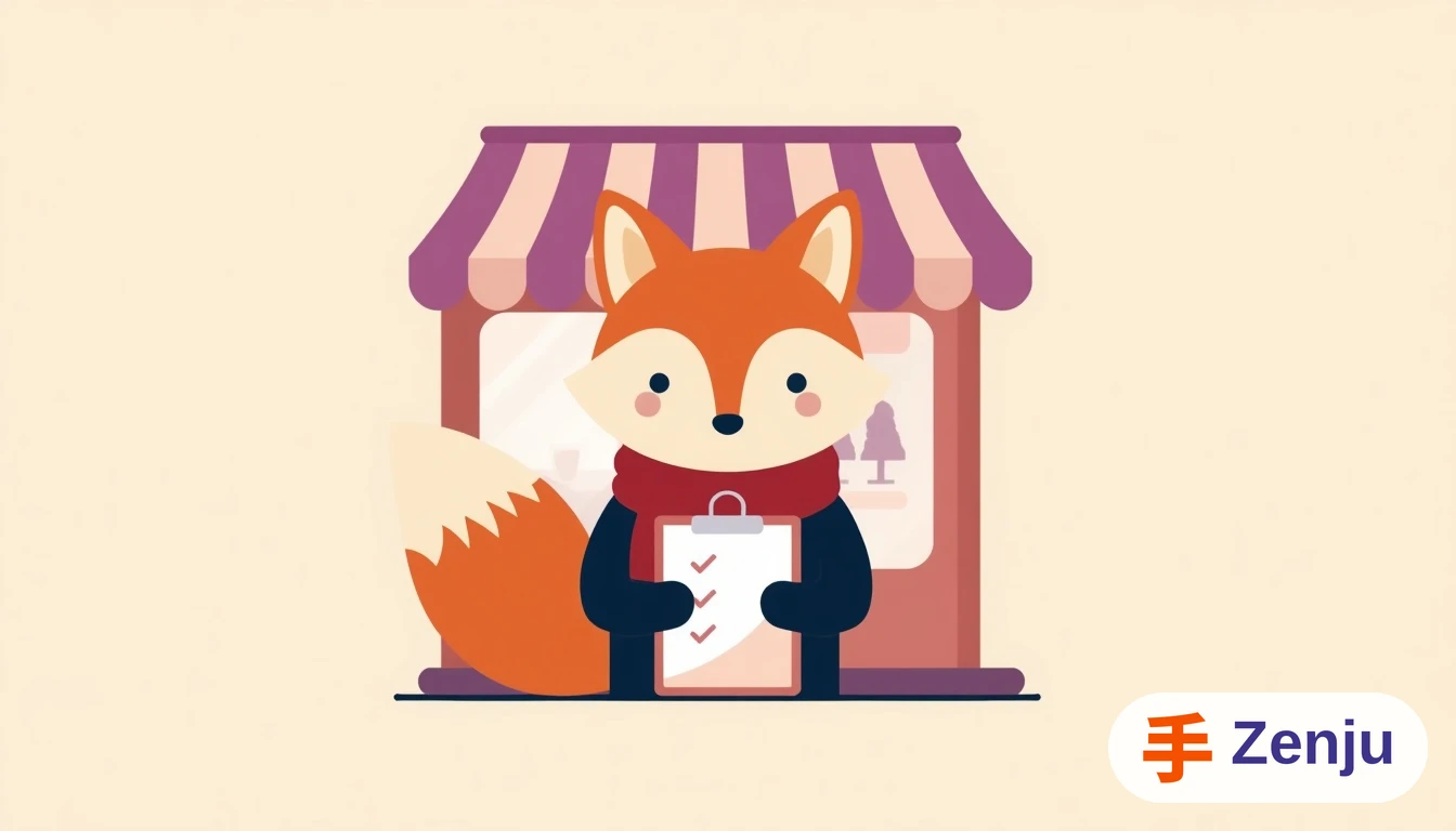 Ilustración de un zorro revisando una lista de verificación frente a un restaurante